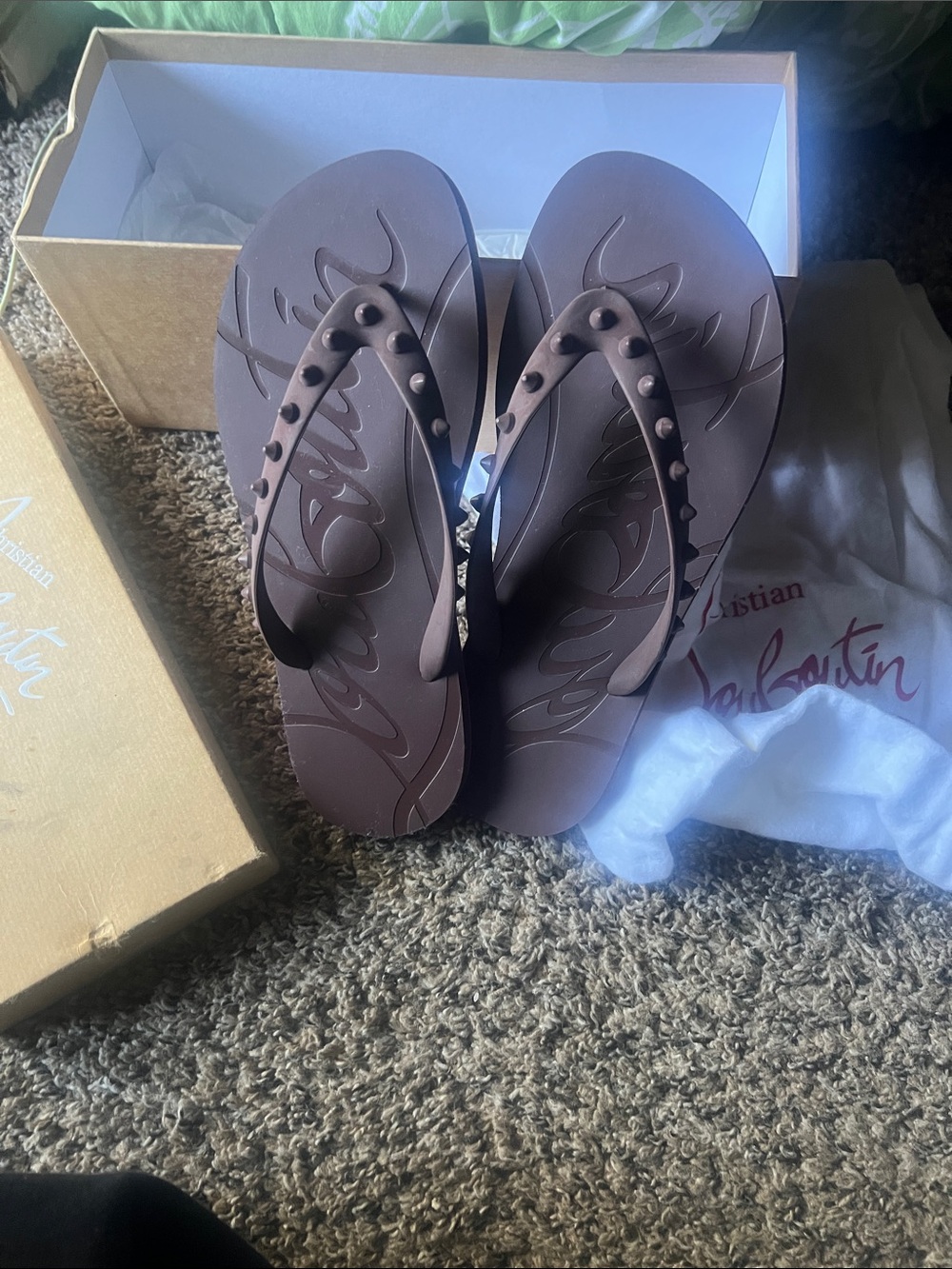 Christian Louboutin Chocolate Brown Studded Flip-Flop Sandals